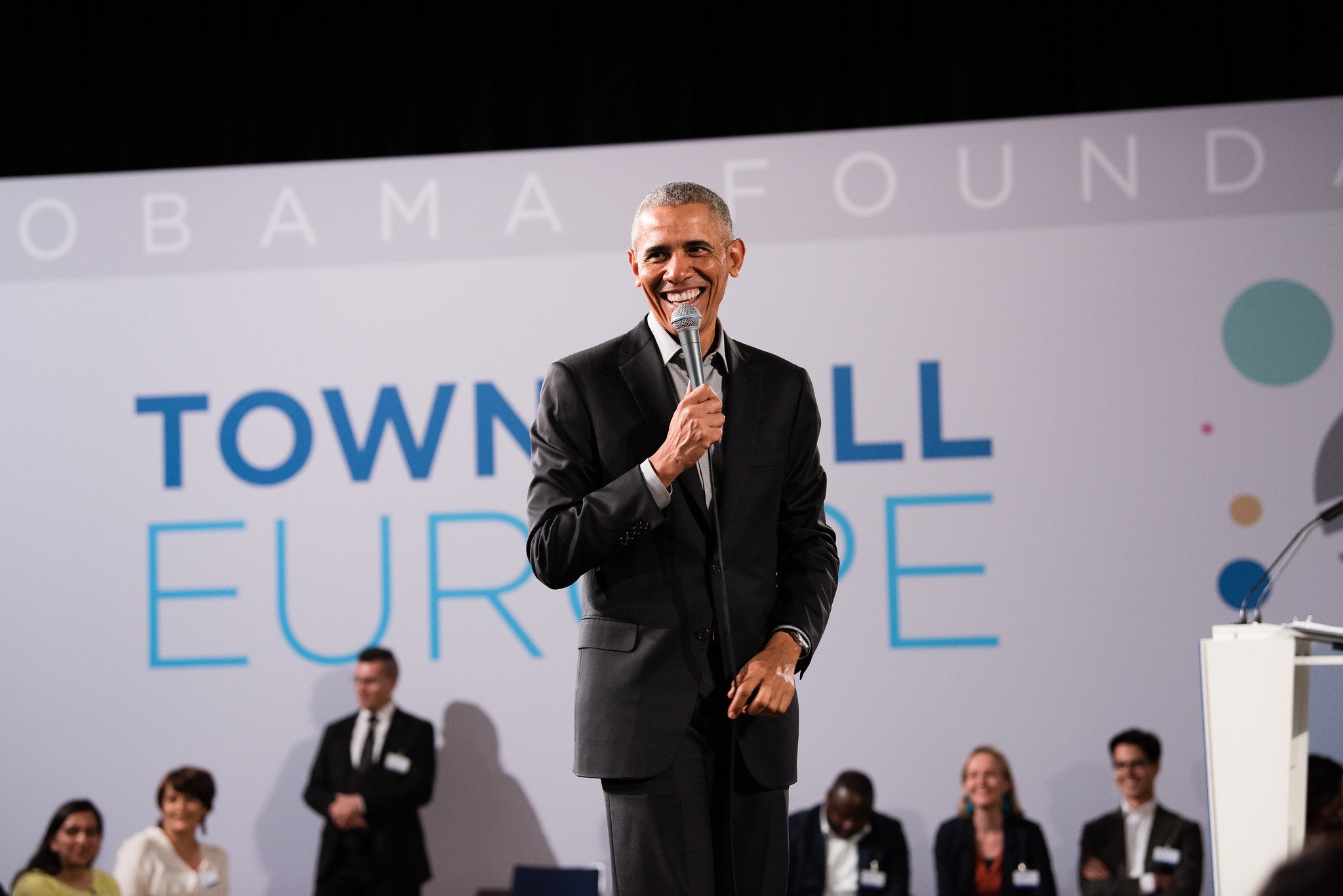 President Barack Obama speaking at ESMT Berlin for the Obama Foundation Town Hall Europe. 