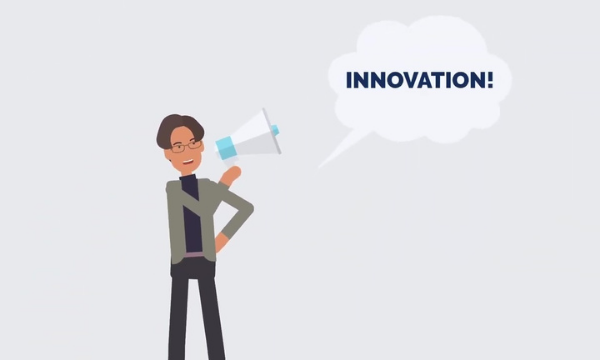 Animation of female with megaphone shouting innovation 
